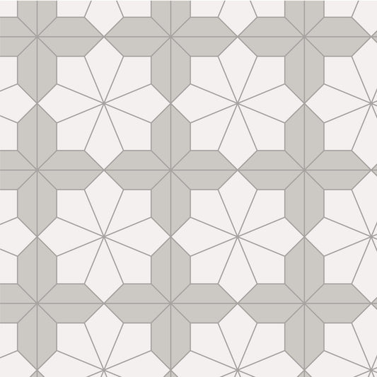 Geometric tile pattern with interlocking shapes making a tile flower on a white background