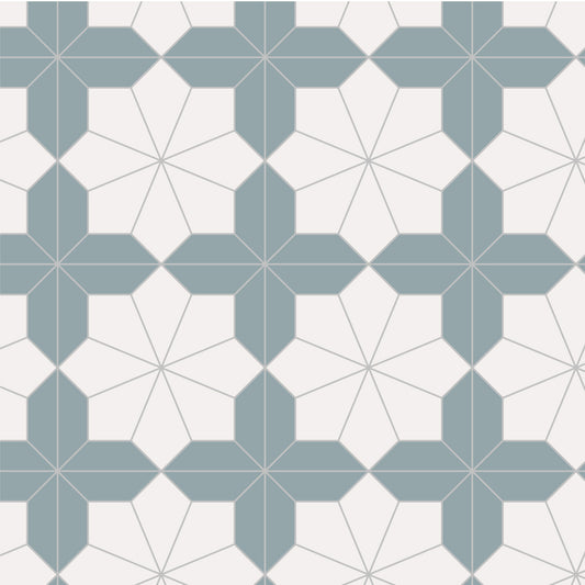 Geometric tile pattern with blue and white hexagons making a flower shape