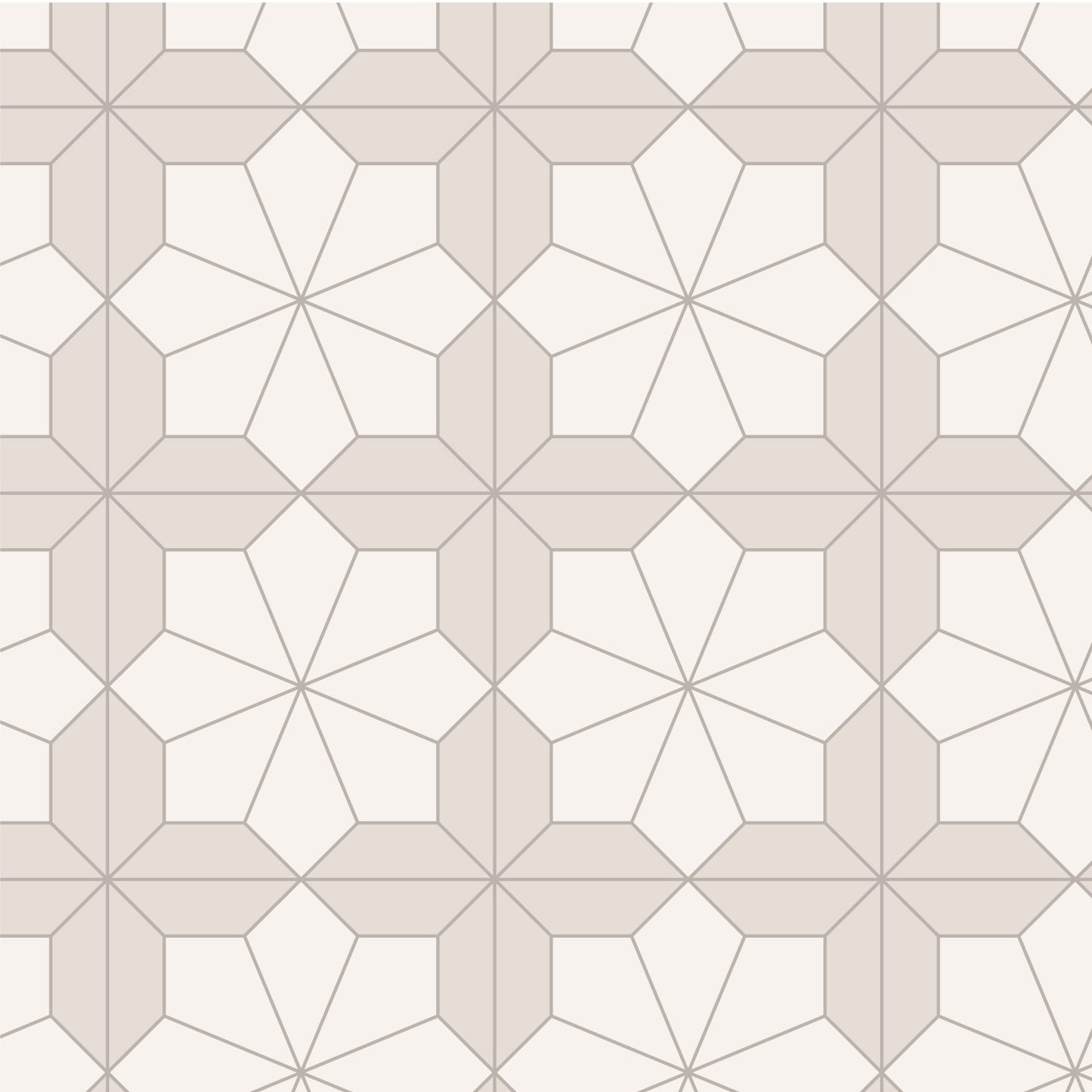 Geometric tile pattern with hexagonal shapes in light taupe and off white, making a flower shape