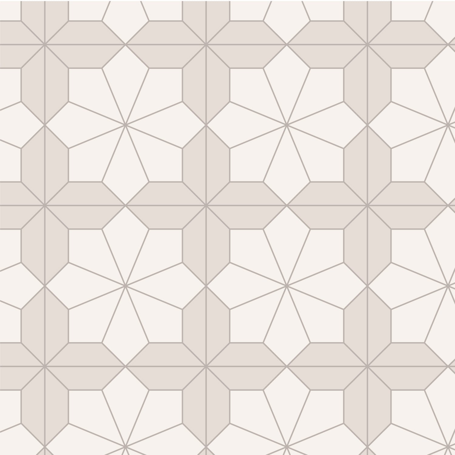 Geometric tile pattern with hexagonal shapes in light taupe and off white, making a flower shape