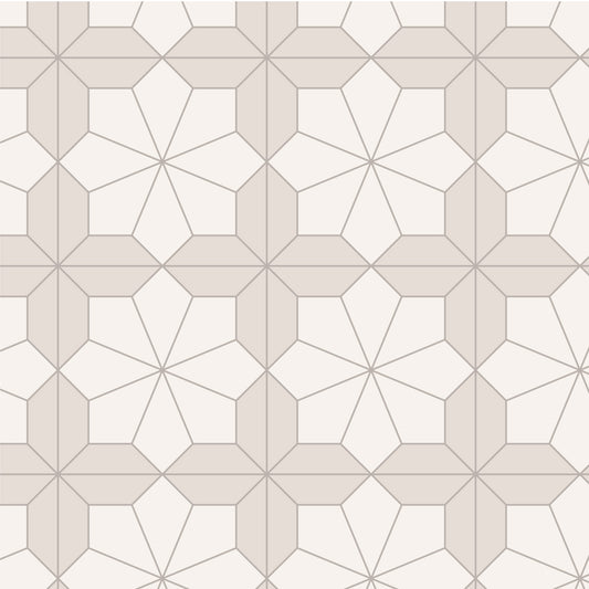 Geometric tile pattern with hexagonal shapes in light taupe and off white, making a flower shape