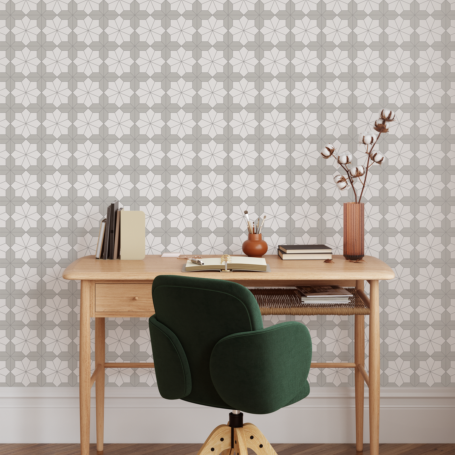 Desk and chair with a bone and light grey patterned wallpaper