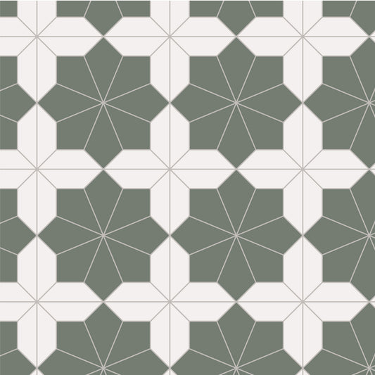 Geometric tile pattern with hexagonal shapes in green and white.
