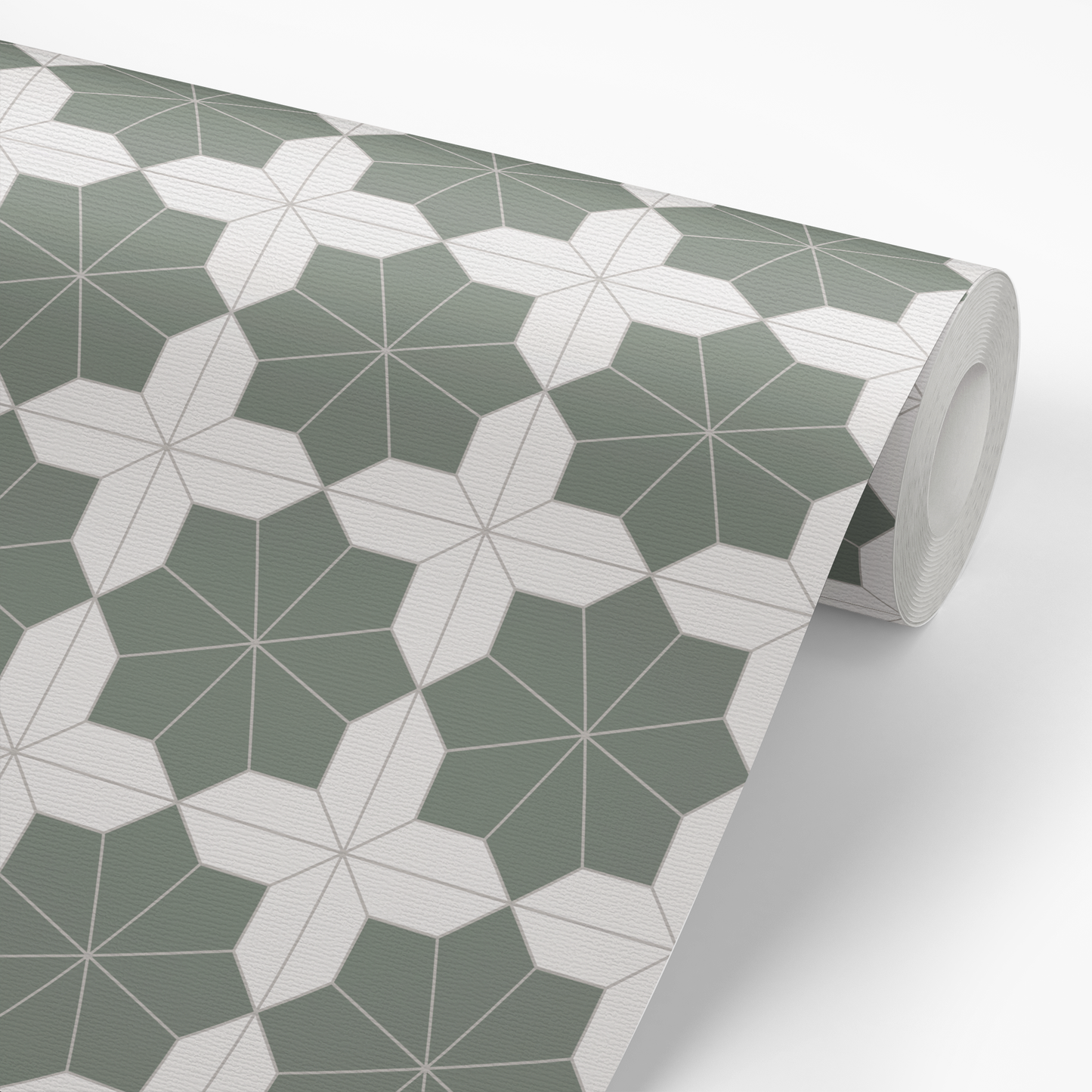 Roll of geometric patterned wallpaper with green and white geometric design