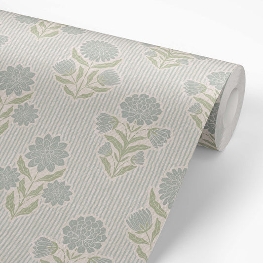 Meadow Song Wallpaper in Blue shown in on a wallpaper roll.