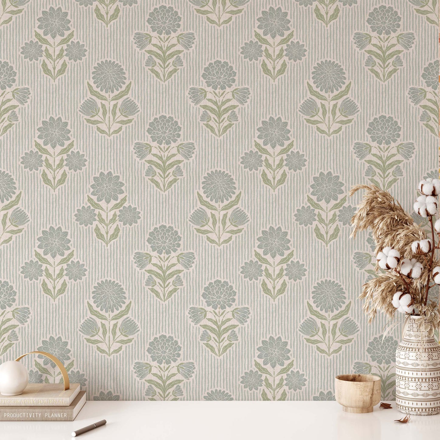 Meadow Song Wallpaper in Blue shown in an office.