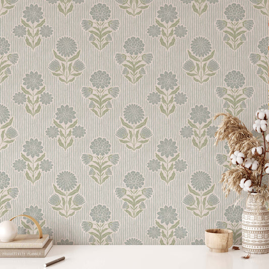 Meadow Song Wallpaper in Blue shown in an office.