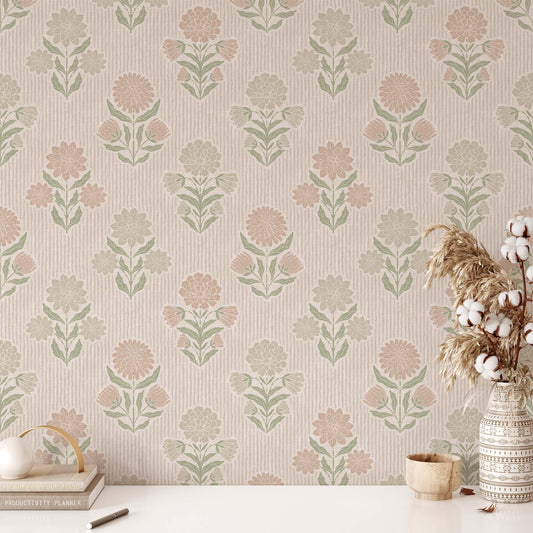 Meadow Song Wallpaper in Blush shown in an office.