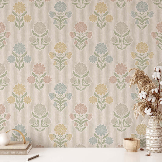 Meadow Song Wallpaper in Pastel shown in an office.