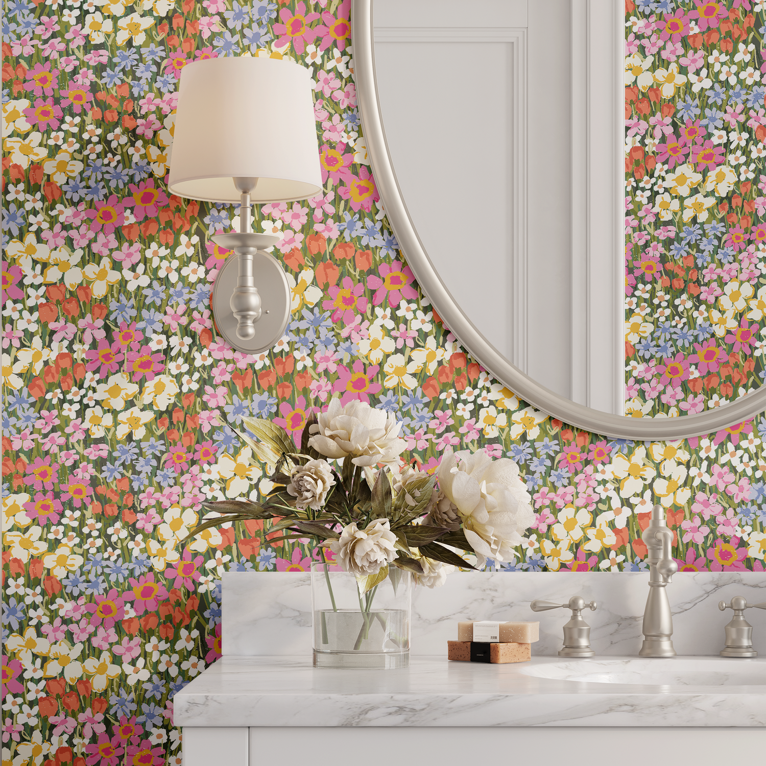 Bathroom with floral wallpaper, sink, and decorative elements.