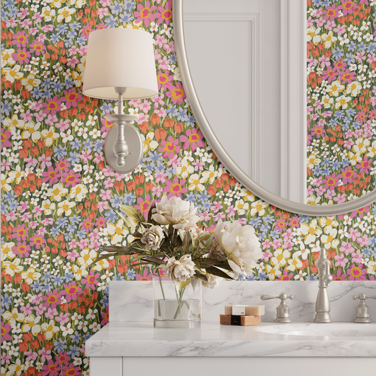 Bathroom with floral wallpaper, sink, and decorative elements.