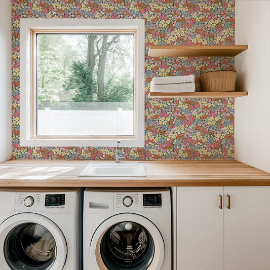 Laundry room with floral wallpaper, window, and washing machines.