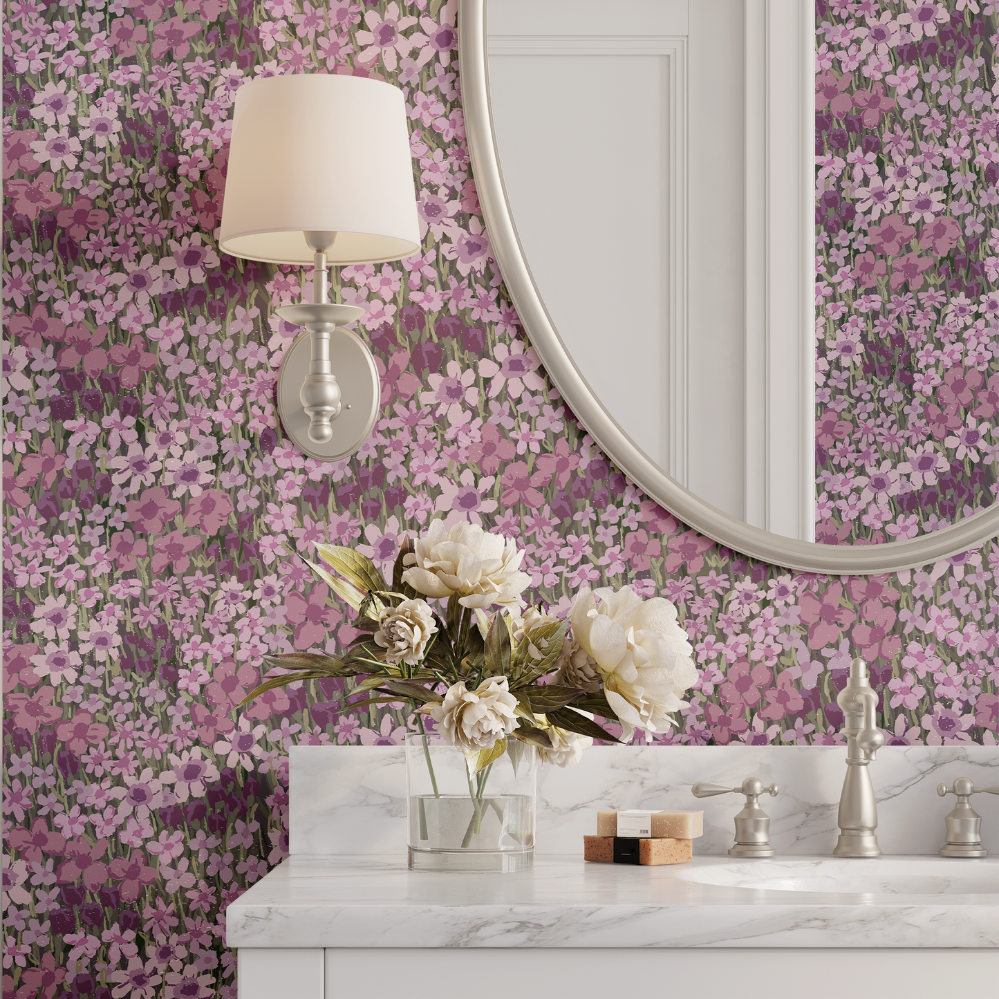 Bathroom with floral wallpaper, sink, and decorative elements.