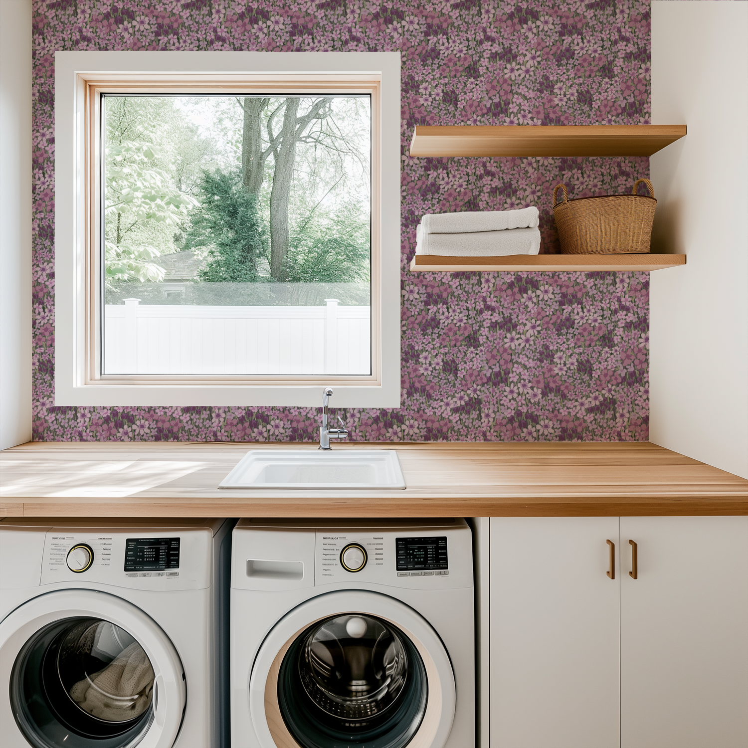Laundry room with washing machines, wooden countertop, and floral wallpaper.