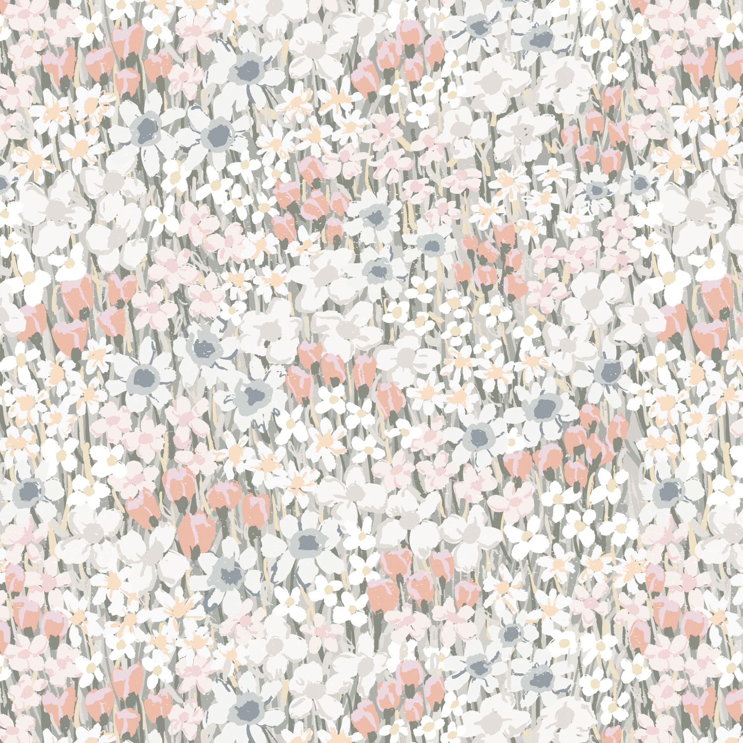 Floral pattern with small flowers in muted colors on a light background
