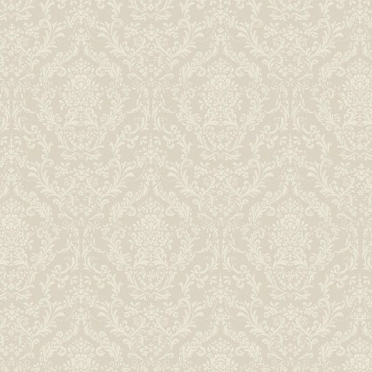 Mira Damask Wallpaper in Beige shown close up.