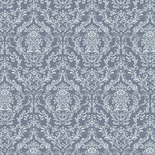 Mira Damask Wallpaper in Blue shown close up.