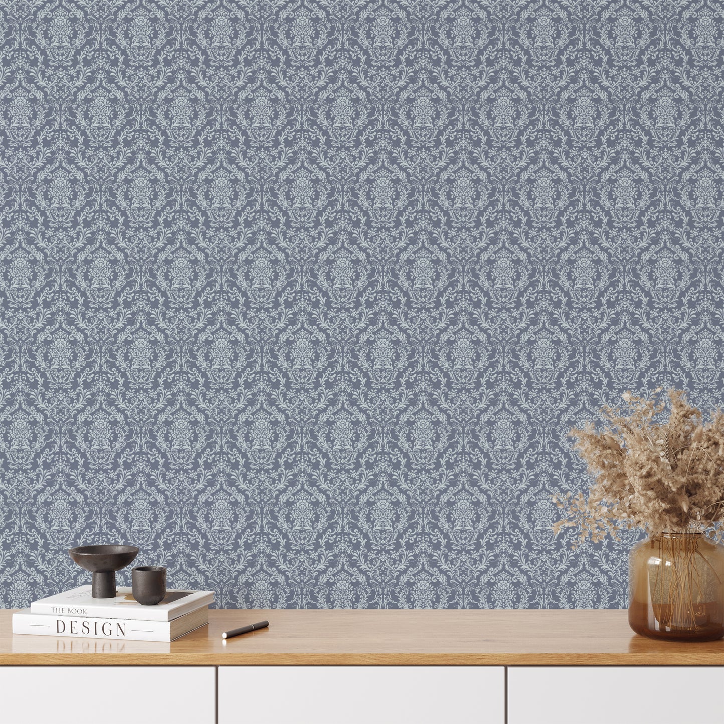 Mira Damask Wallpaper in Blue shown in an office.