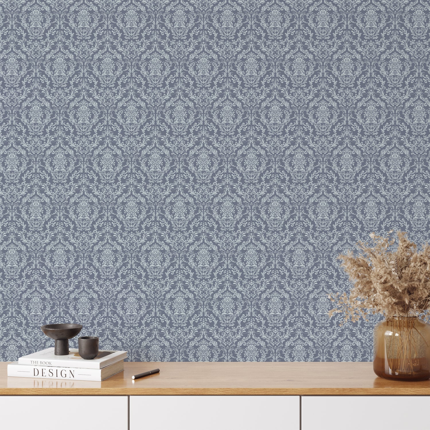 Mira Damask Wallpaper in Blue shown in an office.