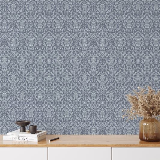 Mira Damask Wallpaper in Blue shown in an office.