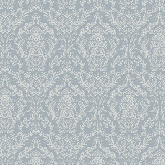 Mira Damask Wallpaper in Dusty Blue shown close up.