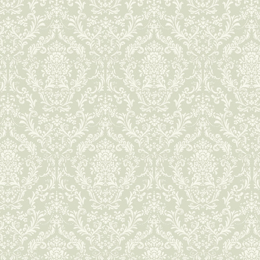 Mira Damask Wallpaper in Sage shown close up.