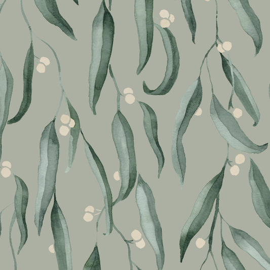 Pattern of green leaves and small white flowers on a light green background