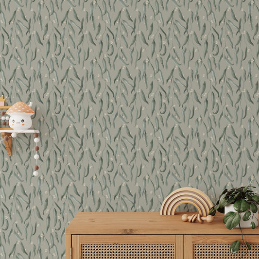 Wattle Wallpaper with a leaf pattern in a room with wooden furniture and decorative items.