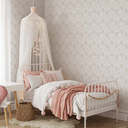 Modern Spheres and Arches Wallpaper in Neutral shown in a girls bedroom