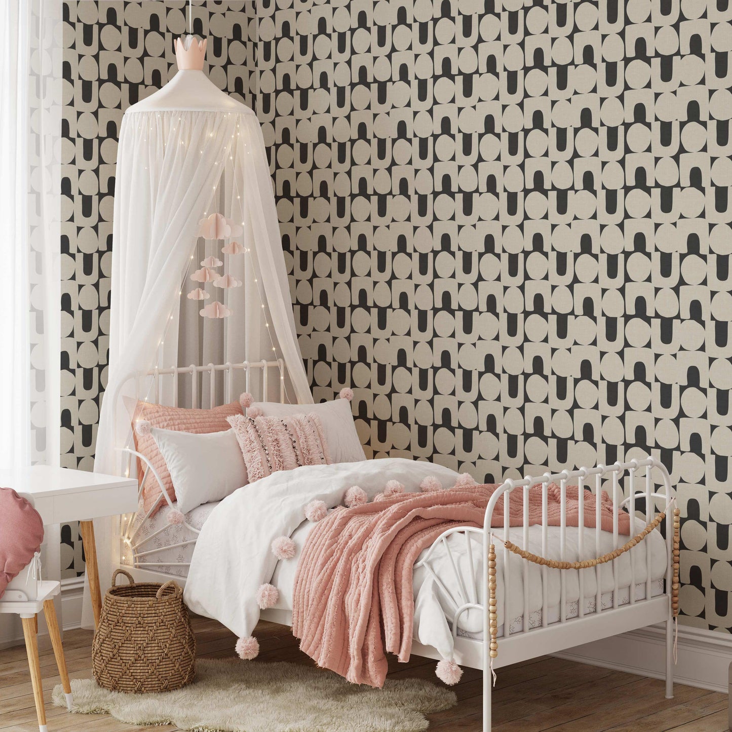 Modern Spheres and Arches Wallpaper in Charcoal shown in a girls bedroom