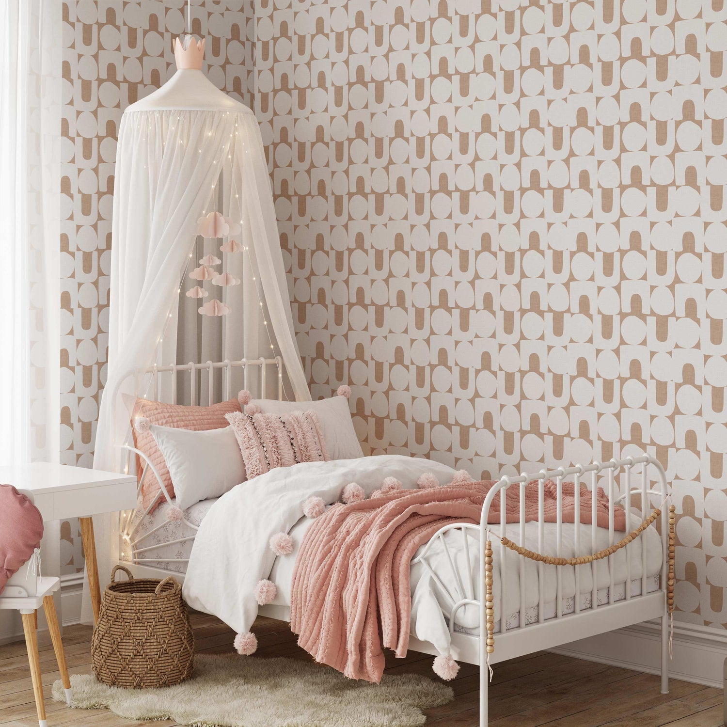 Modern Spheres and Arches Wallpaper in Tawny shown in a girls bedroom