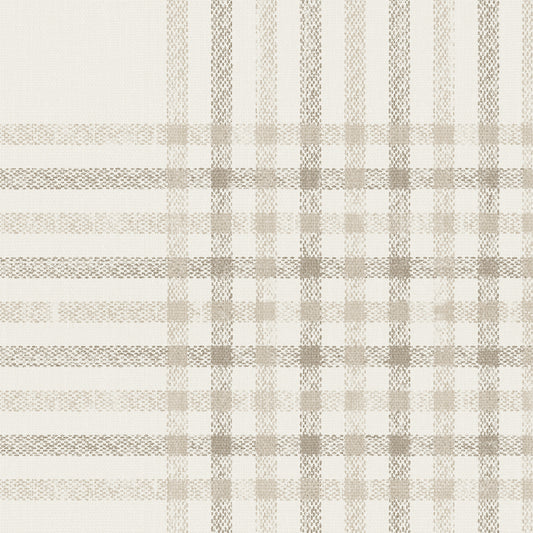 Plaid pattern with shades of tan, pashmina, cream, and gray on a white background
