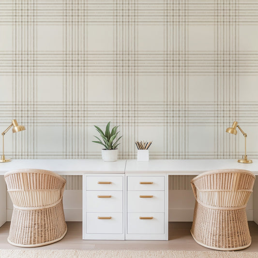 White office desk with two chairs against Ayara's Nine Stripe Plaid wallpaper in Neutral colors.