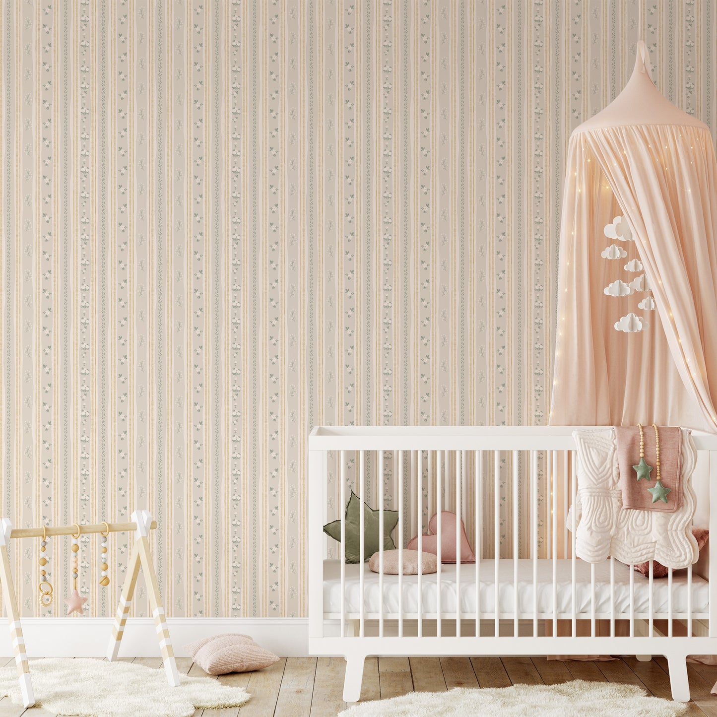 Nursery featuring Orchard Stripes Peel and Stick, Removable Wallpaper in Nude