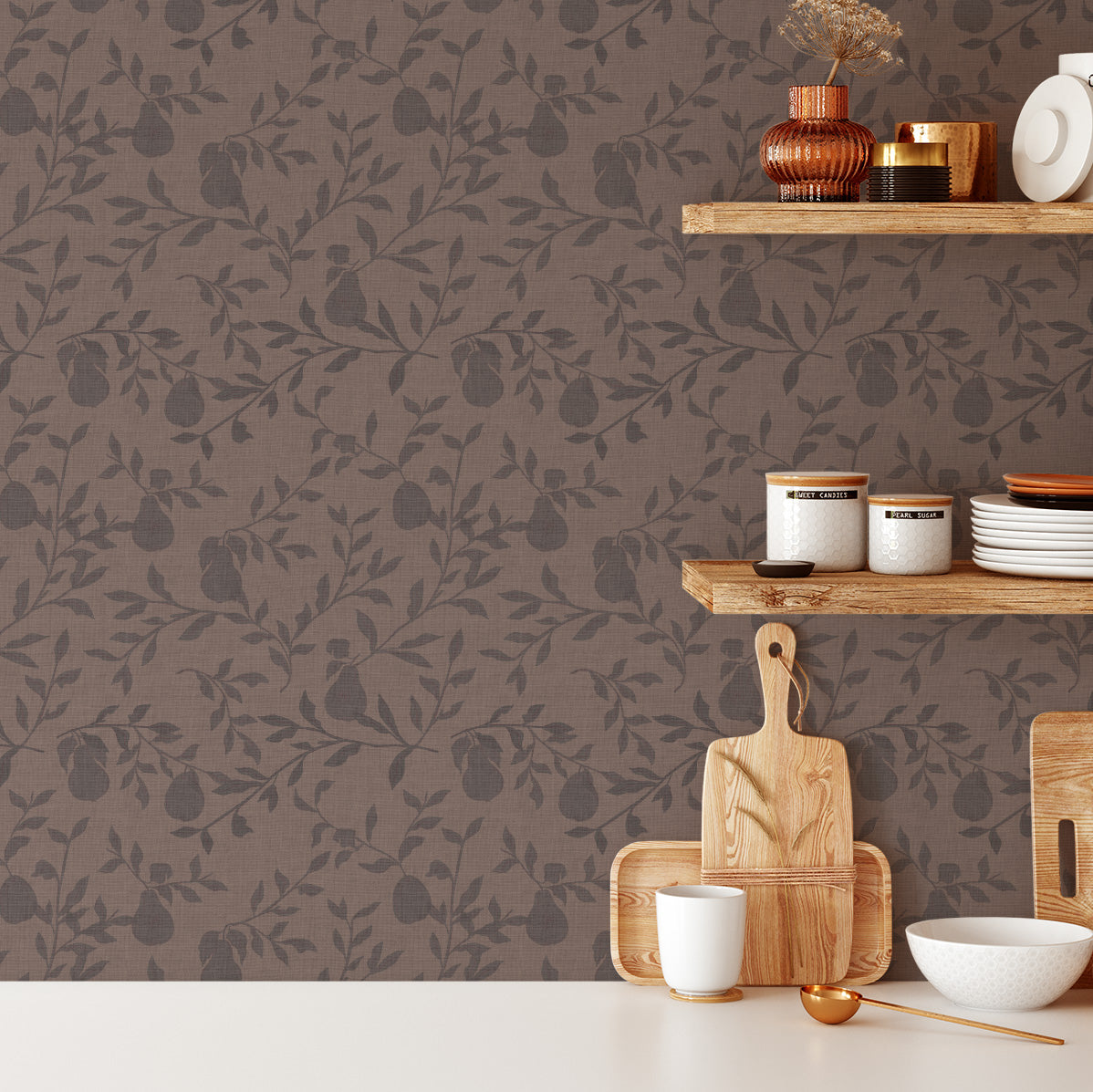 Pears Wallpaper in Cocoa Brown shown in a kitchen.