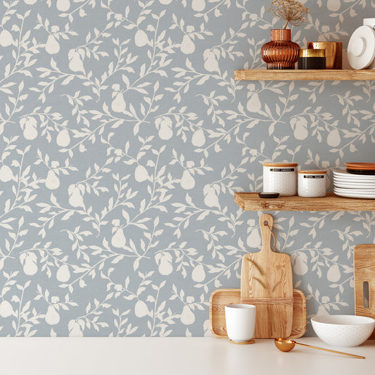 Pears Wallpaper in Blue shown in a kitchen.