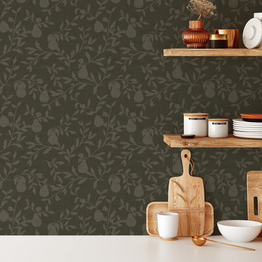 Pears Wallpaper in Dark Green shown in a kitchen.