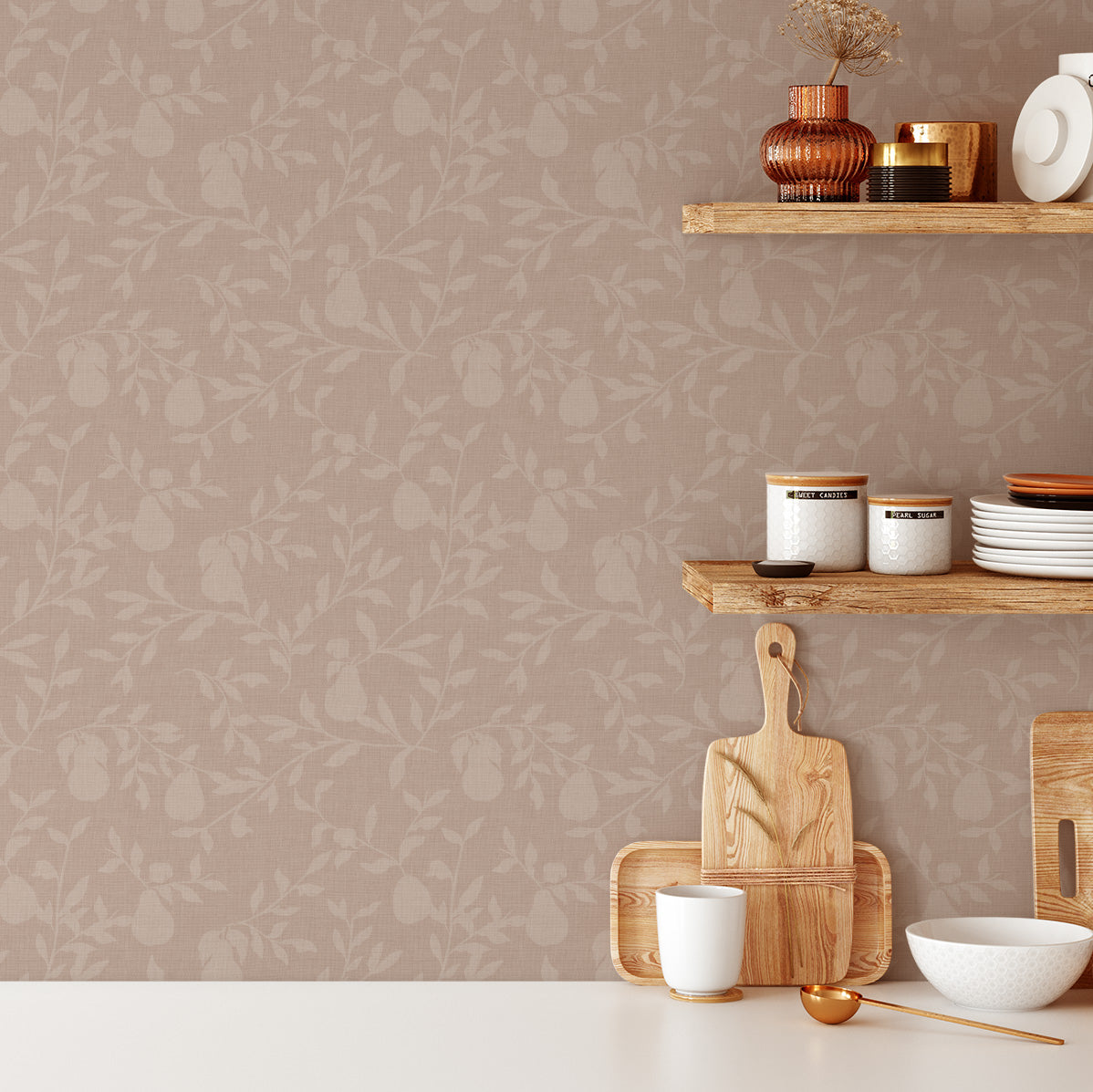 Pears Wallpaper in Dusty Peach shown in a kitchen.