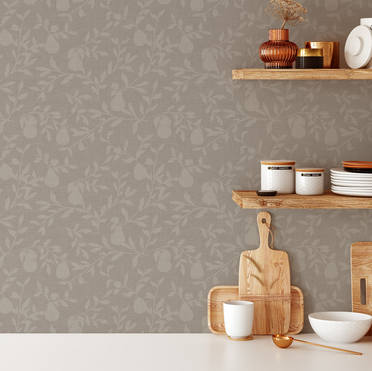 Pears Wallpaper in Linen shown in a kitchen.