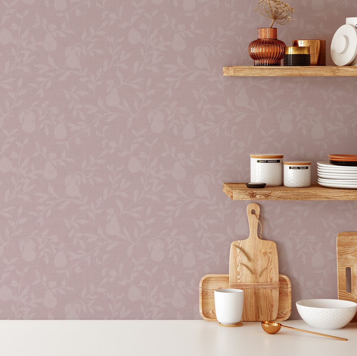 Pears Wallpaper in Rose shown in a kitchen.