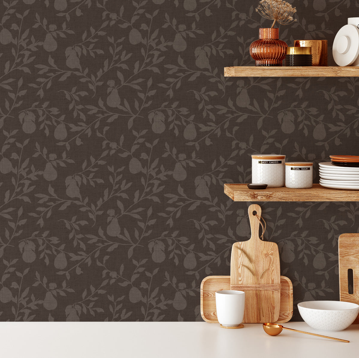 Pears Wallpaper in Saddle Brown shown in a kitchen.