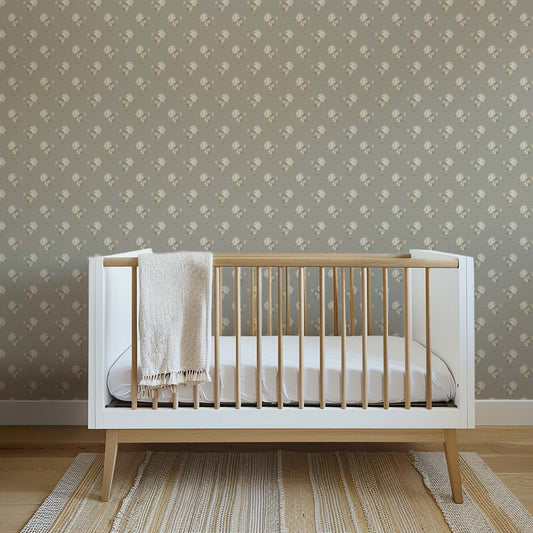 Foraged Peonies Wallpaper in Gray shown in a nursery