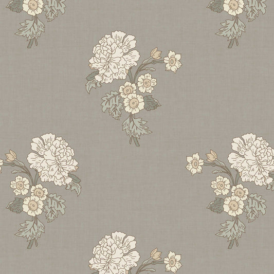 Foraged Peonies Wallpaper in Gray shown close up.