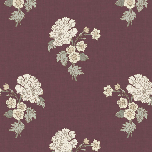 Closeup view of our Foraged Peonies Wallpaper in Wine