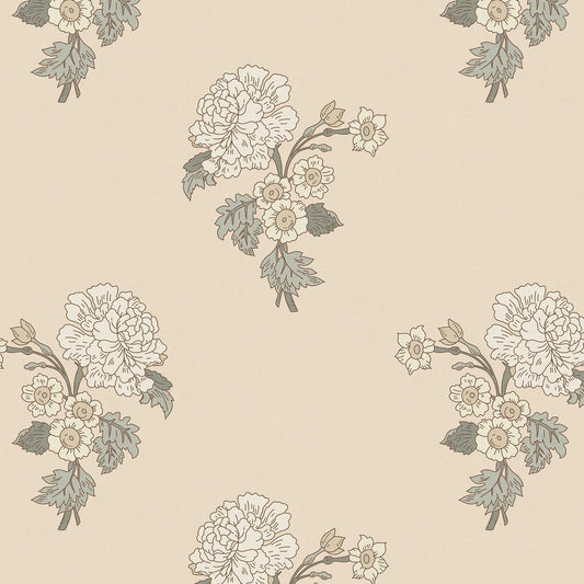 Foraged Peonies Wallpaper in Sand shown close up