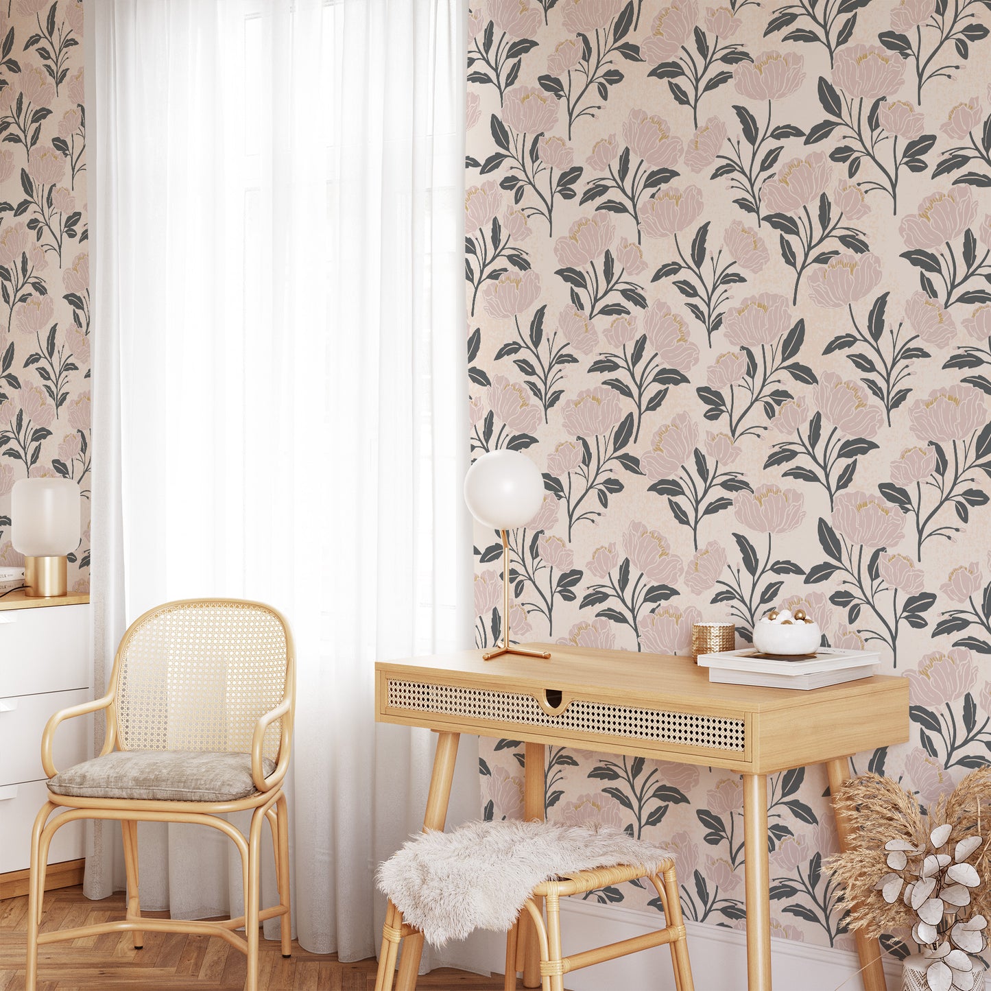 Our peel and stick removable Peonies Dream Wallpaper in Blush in a teen bedroom.