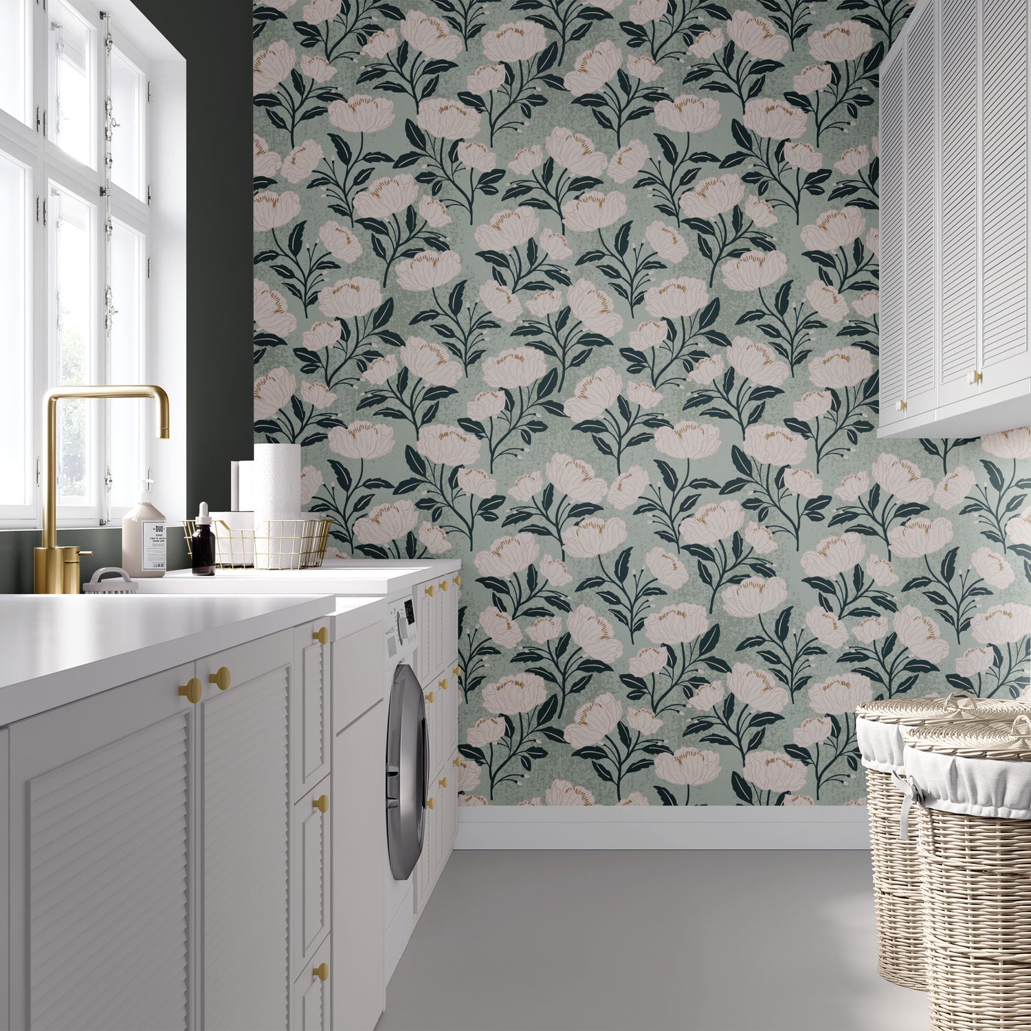 Our peel and stick removable Peonies Dream Wallpaper in Sage in a laundry room.