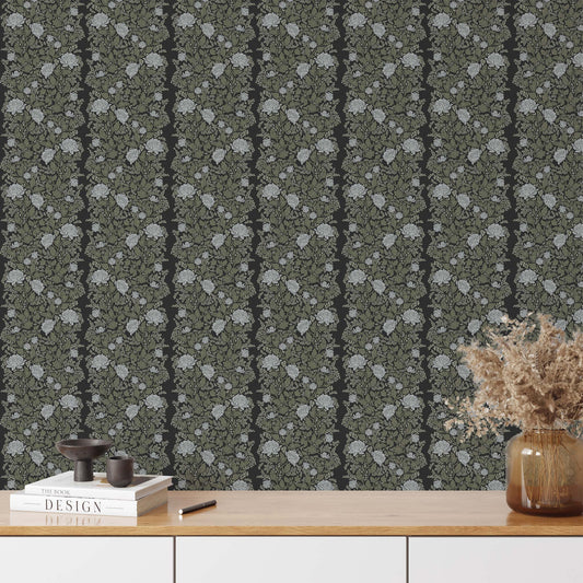Peony Vines Wallpaper in Ash shown in an entryway