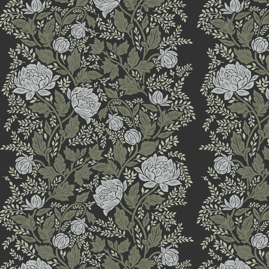 Closeup view of our Peony Vines Wallpaper in Ash