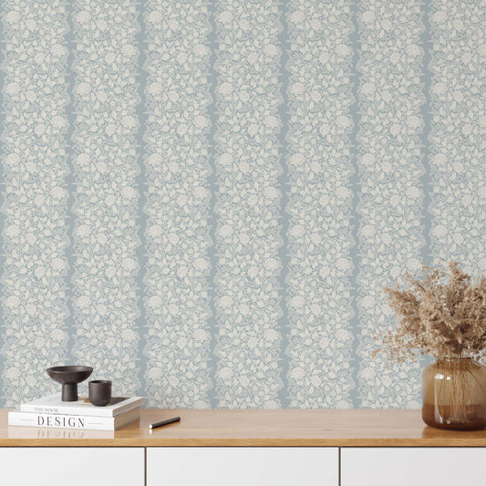 Peony Vines Wallpaper in Cream on Pale Blue shown in an entryway